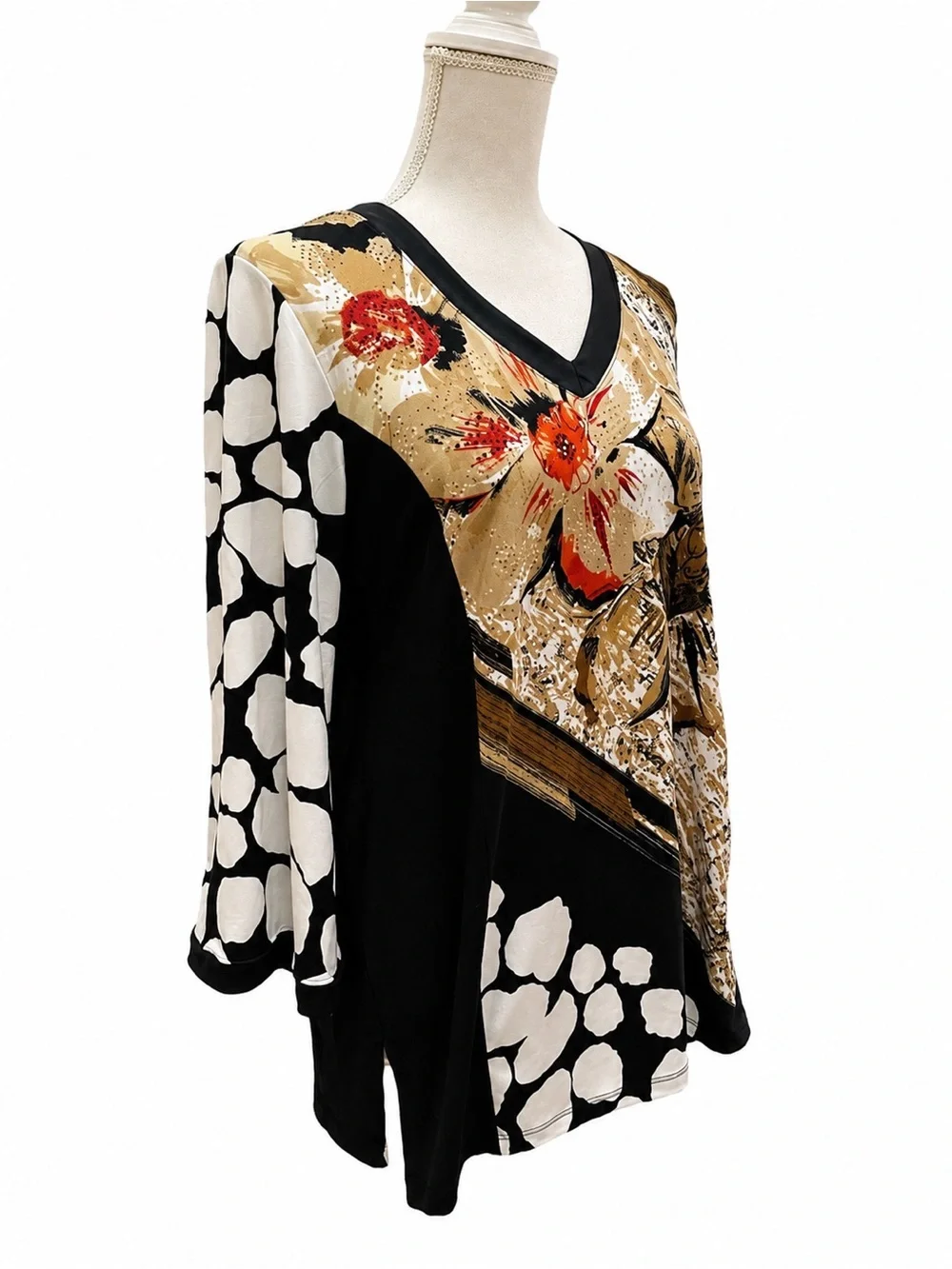 JM Collection Floral Abstract V-Neck Tunic Blouse Top Small